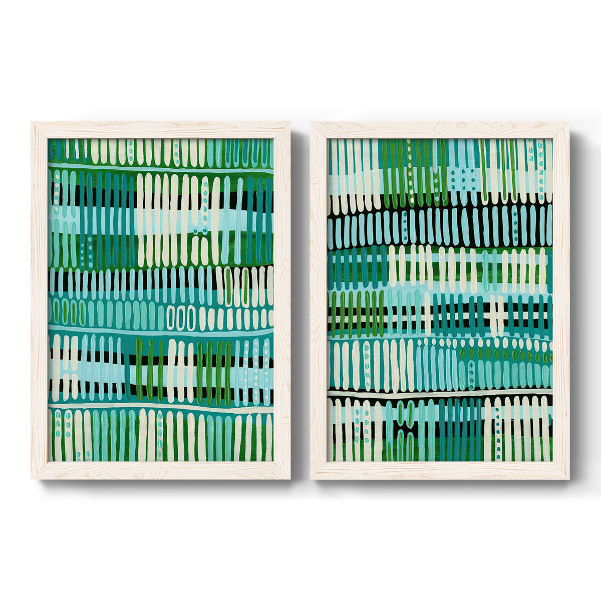 Set of two white barnwood framed canvas prints featuring two graphic woven-pattern abstracts featuring dense rows of teal black and white linear marks.