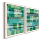 Angled view of a set of two white barnwood framed canvas prints featuring two graphic woven-pattern abstracts featuring dense rows of teal black and white linear marks.