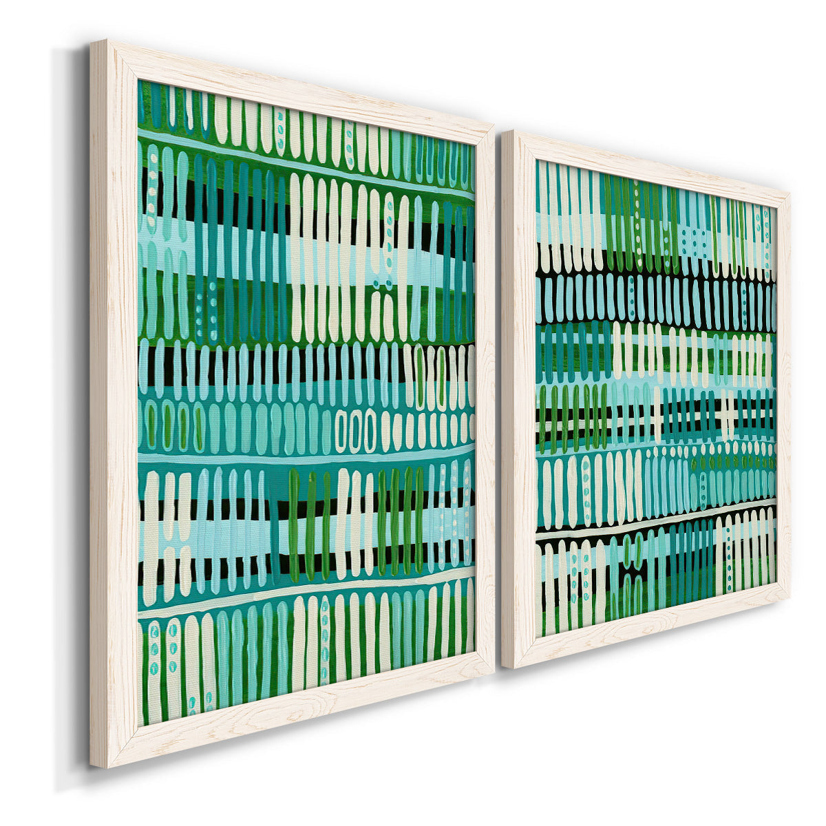 Angled view of a set of two white barnwood framed canvas prints featuring two graphic woven-pattern abstracts featuring dense rows of teal black and white linear marks.