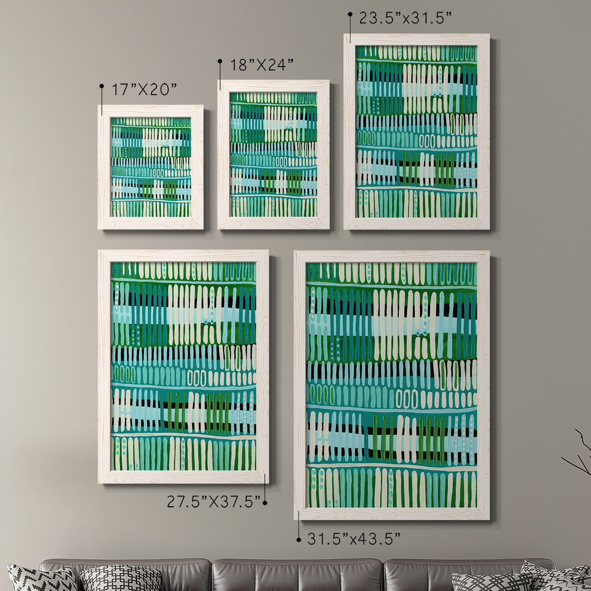Size comparison chart for a set of two white barnwood framed canvas prints.