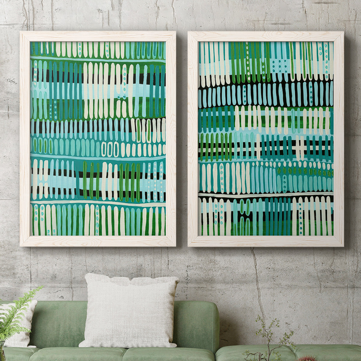 Set of two white barnwood framed canvas prints depicting a coordinated art pair of dense rows of teal black and white linear marks rendered as graphic woven-pattern abstracts above a sofa in a modern living room.
