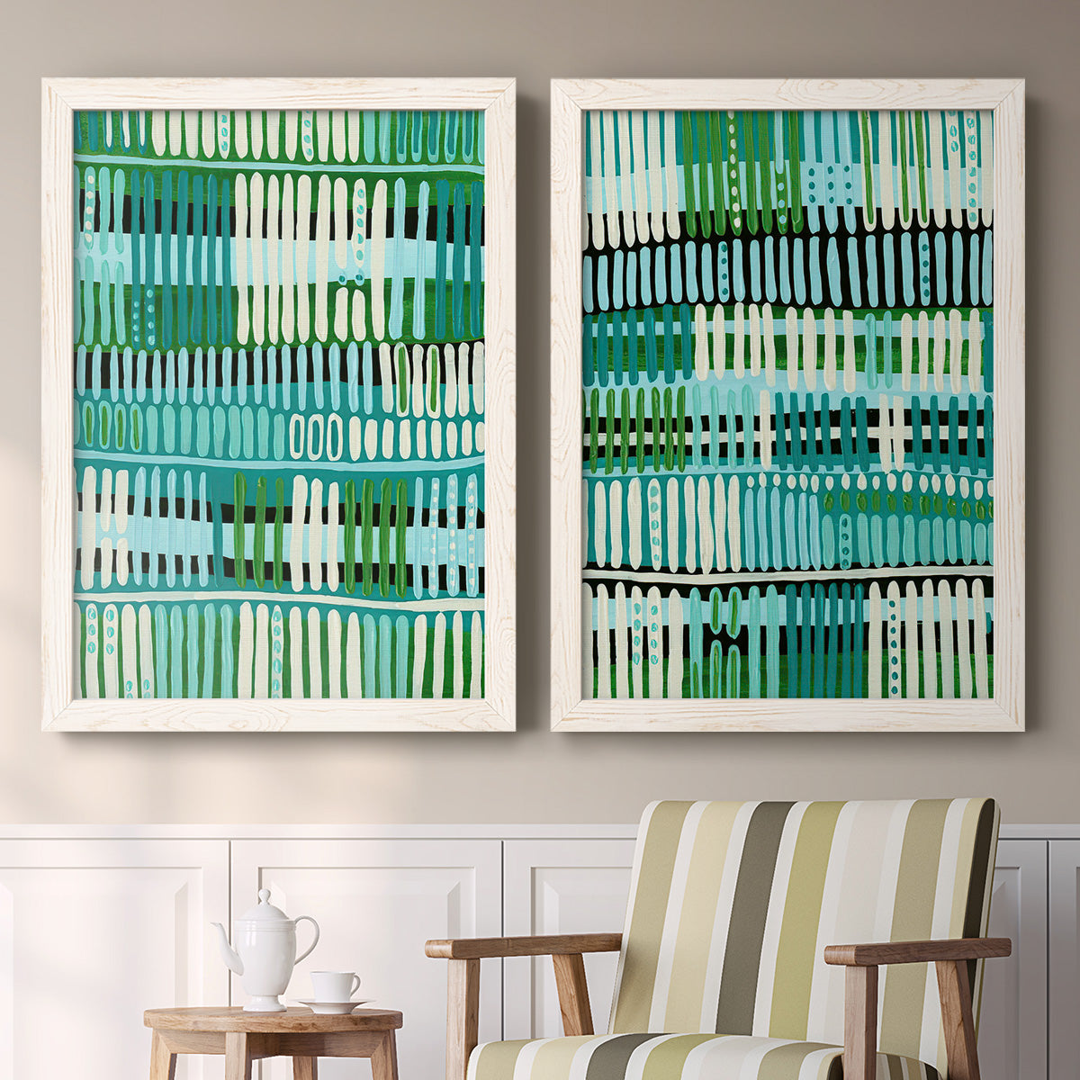 Set of two white barnwood framed canvas prints depicting two graphic woven-pattern abstracts featuring dense rows of teal black and white linear marks above a sideboard in a cozy sitting room.