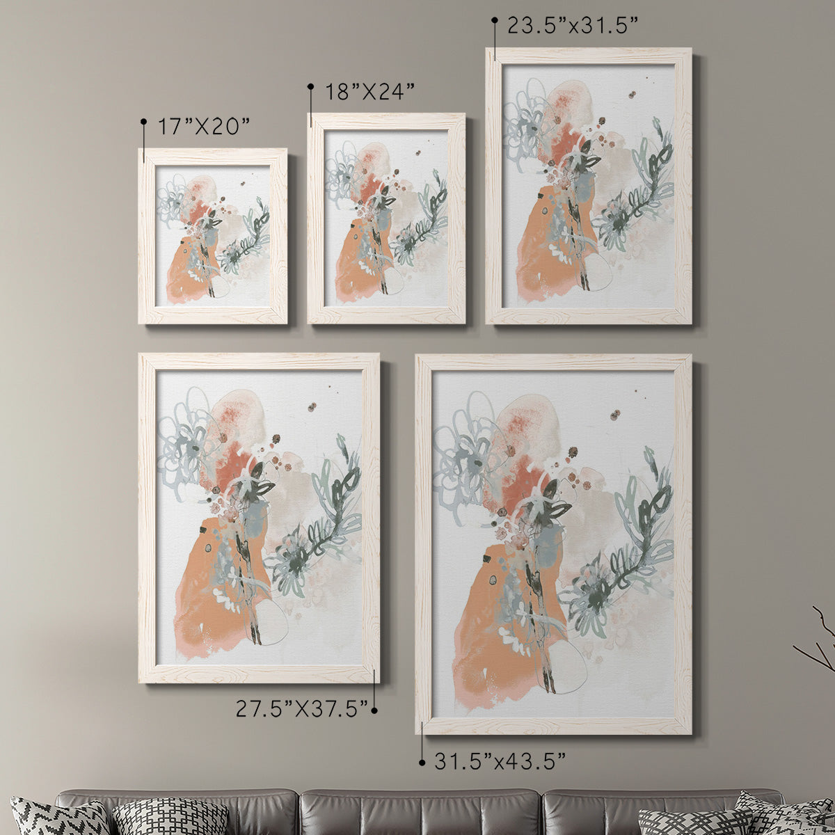 Size comparison chart for a set of two white barnwood framed canvas prints.