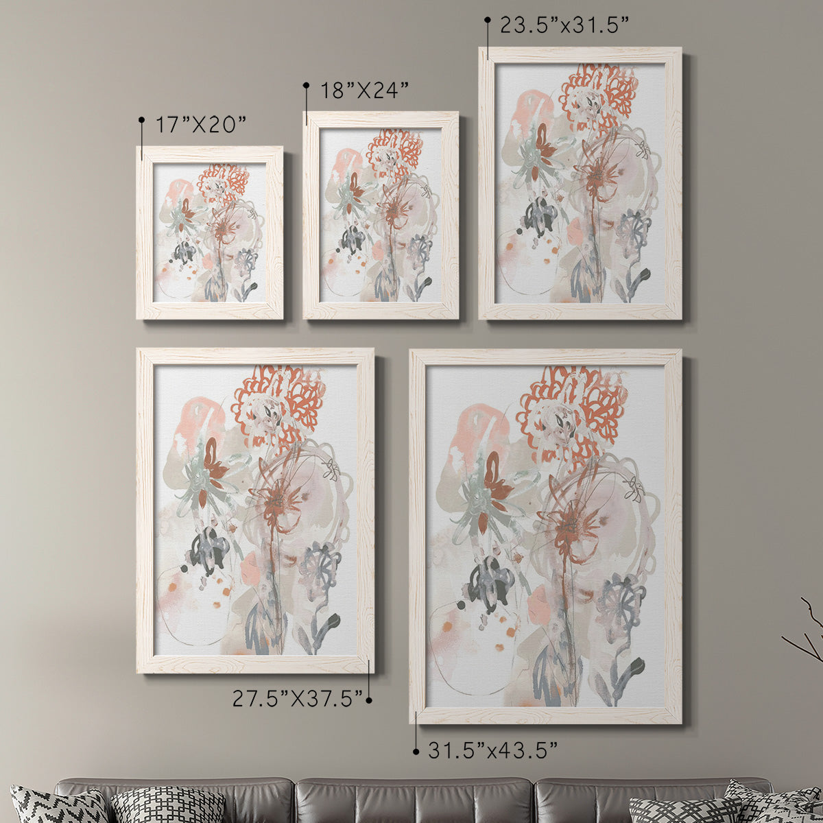 Size comparison chart for a set of two white barnwood framed canvas prints.