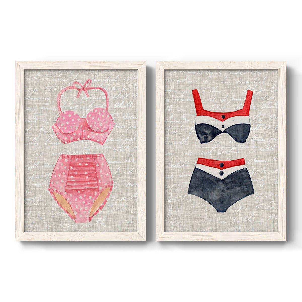 Set of two white barnwood framed canvas prints featuring two vintage fashion illustrations featuring retro two-piece swimsuits displayed on textured linen grounds.
