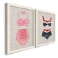Angled view of a set of two white barnwood framed canvas prints featuring two vintage fashion illustrations featuring retro two-piece swimsuits displayed on textured linen grounds.