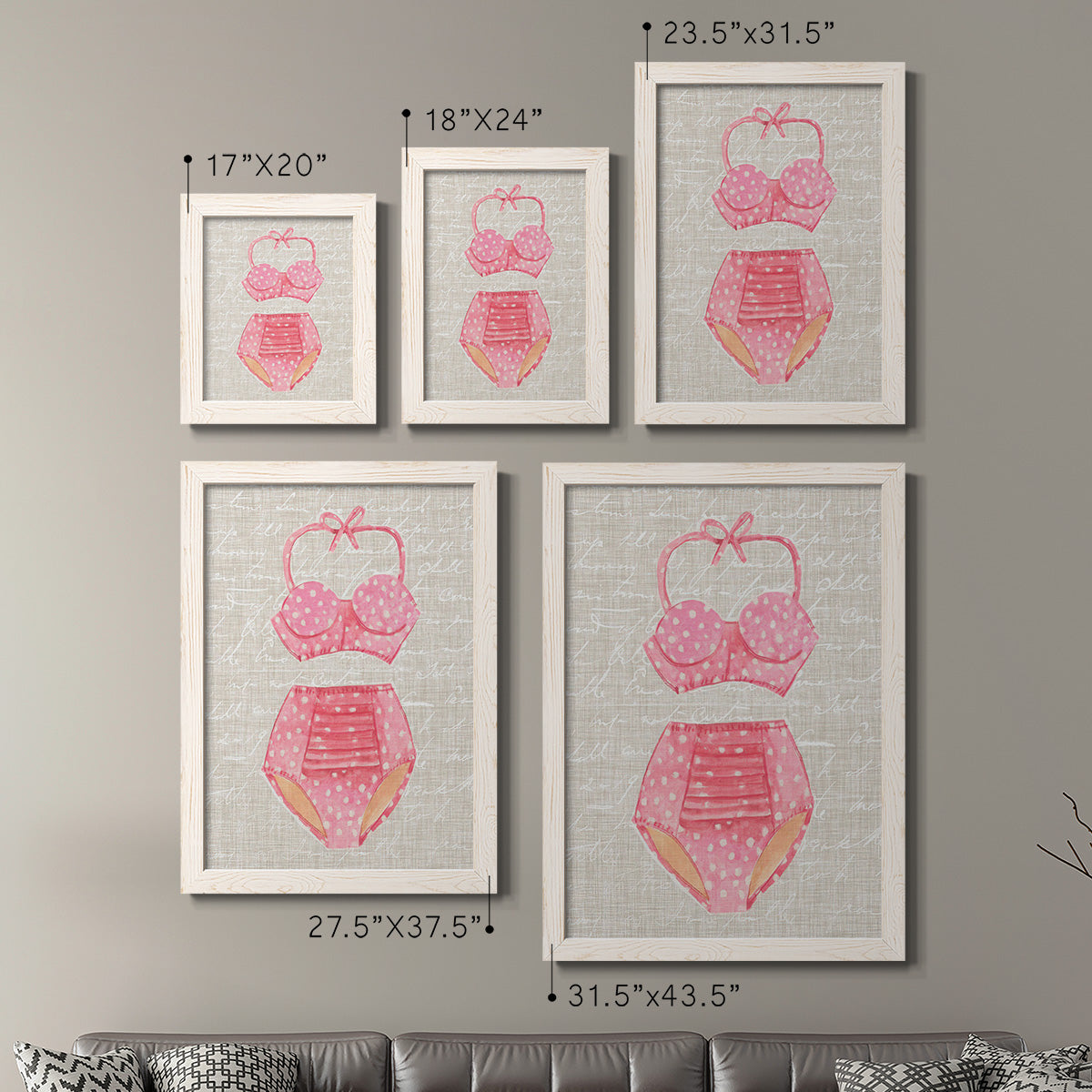 Size comparison chart for a set of two white barnwood framed canvas prints.
