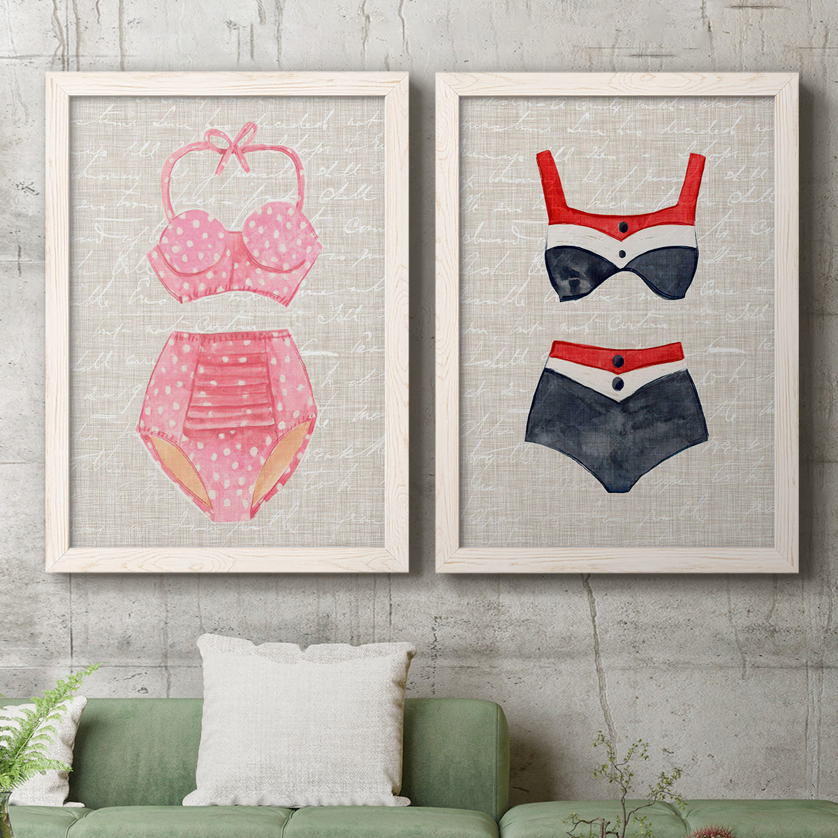 Set of two white barnwood framed canvas prints depicting a coordinated art pair of retro two-piece swimsuits displayed on textured linen grounds rendered as vintage fashion illustrations above a sofa in a modern living room.