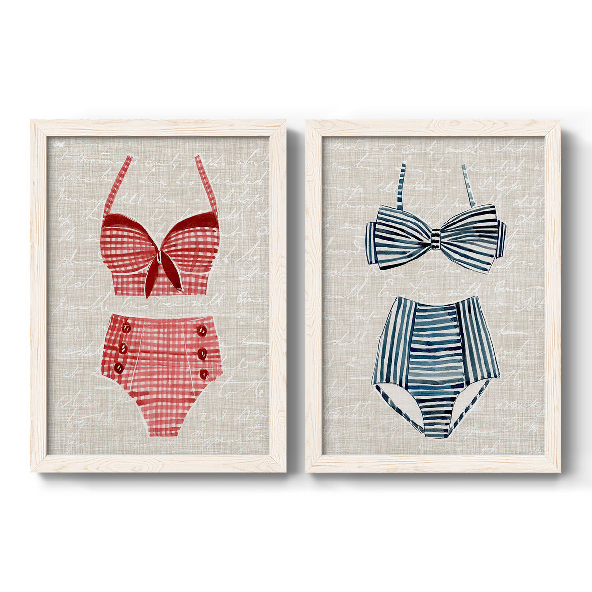 Set of two white barnwood framed canvas prints featuring two vintage fashion illustrations featuring retro two-piece swimsuits displayed on textured linen grounds.