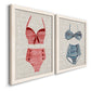 Angled view of a set of two white barnwood framed canvas prints featuring two vintage fashion illustrations featuring retro two-piece swimsuits displayed on textured linen grounds.