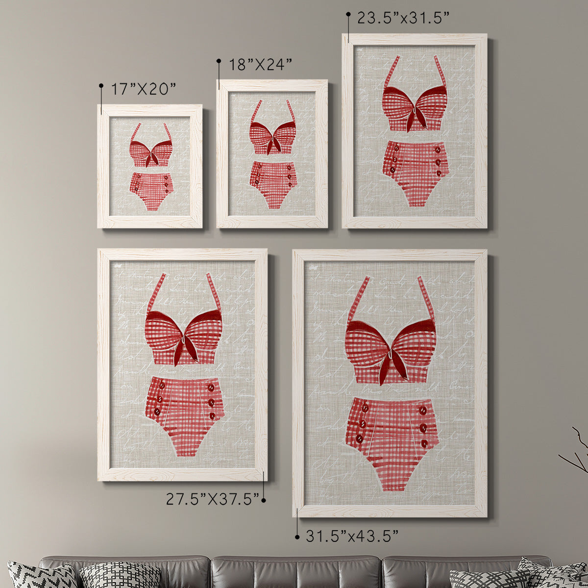 Size comparison chart for a set of two white barnwood framed canvas prints.