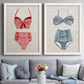 Set of two white barnwood framed canvas prints depicting paired vintage fashion illustrations with striped and patterned bathing suits in red pink navy and white above a sofa in a contemporary living room.