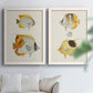 Set of two white barnwood framed canvas prints depicting striped yellow gray and orange bodies on pale archival paper arranged across two complementary compositions above a sofa in a bright living space.