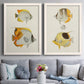Set of two white barnwood framed canvas prints depicting paired natural-history fish illustrations with striped yellow gray and orange bodies on pale archival paper above a sofa in a contemporary living room.