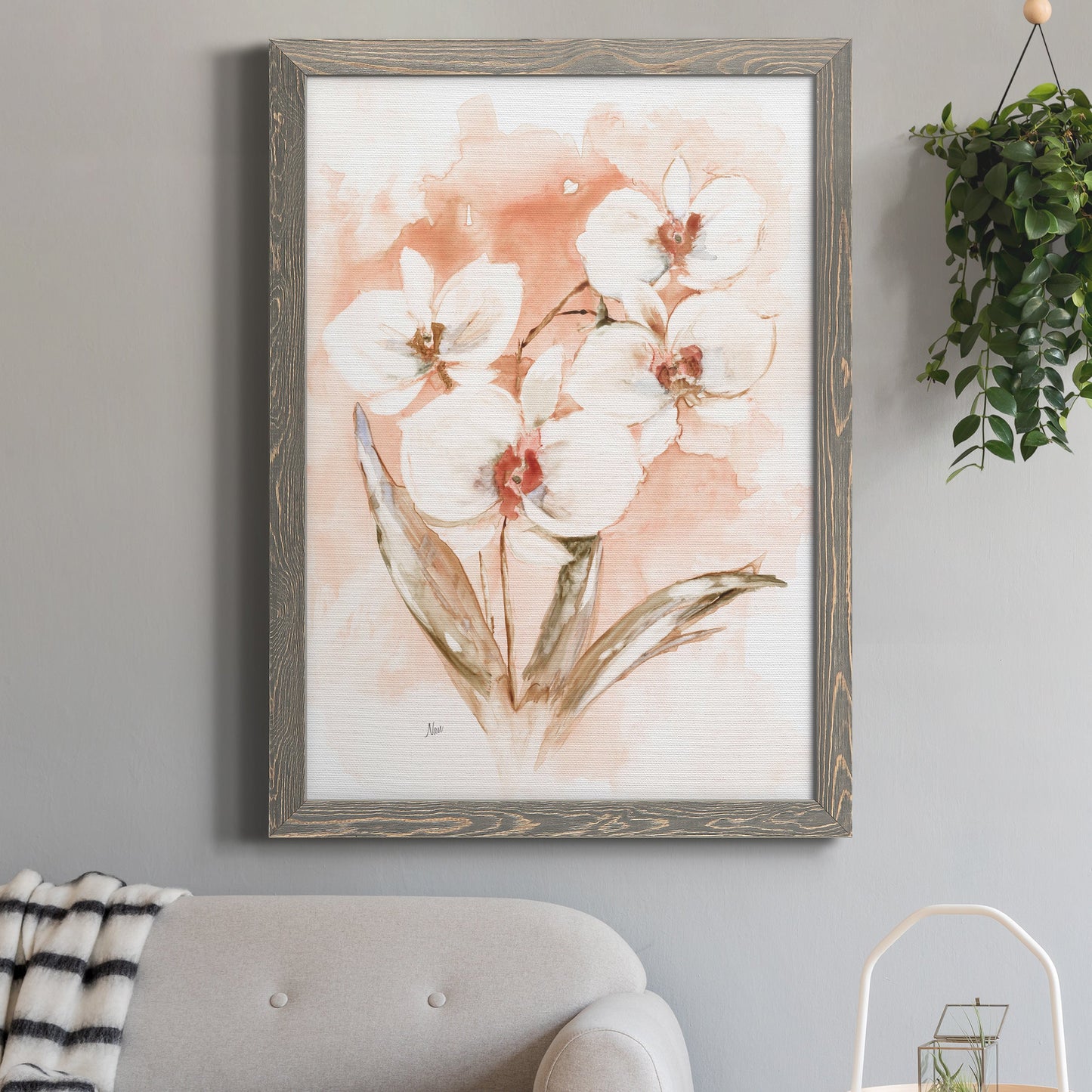 White and Coral Orchid I - Barnwood Framed Canvas Print
