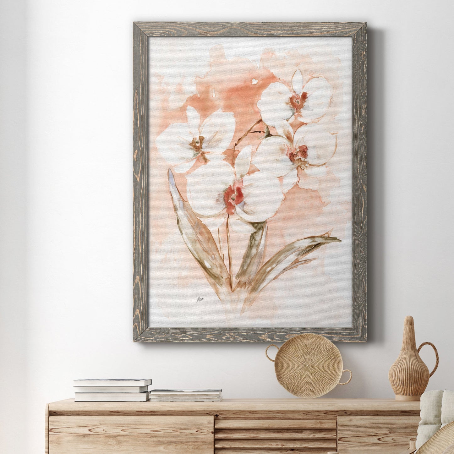 White and Coral Orchid I - Barnwood Framed Canvas Print