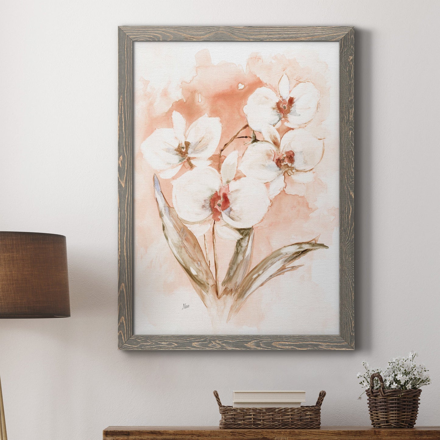 White and Coral Orchid I - Barnwood Framed Canvas Print