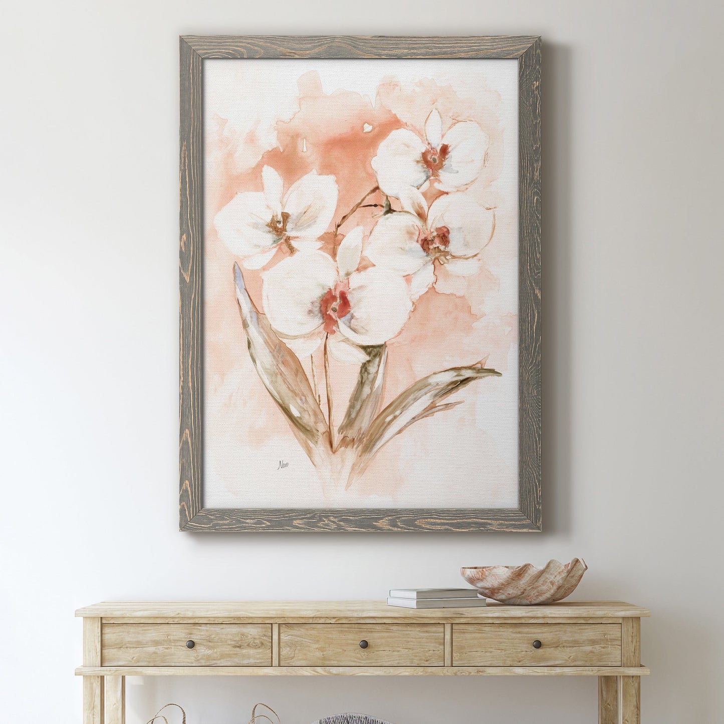 White and Coral Orchid I - Barnwood Framed Canvas Print