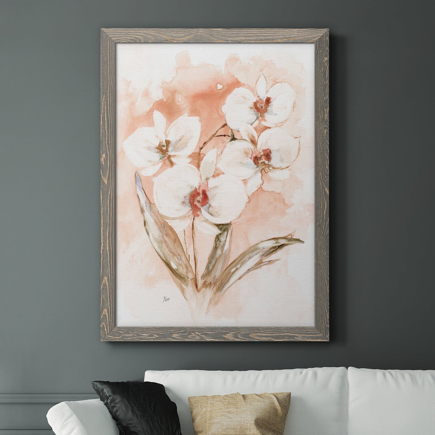 White and Coral Orchid I - Barnwood Framed Canvas Print