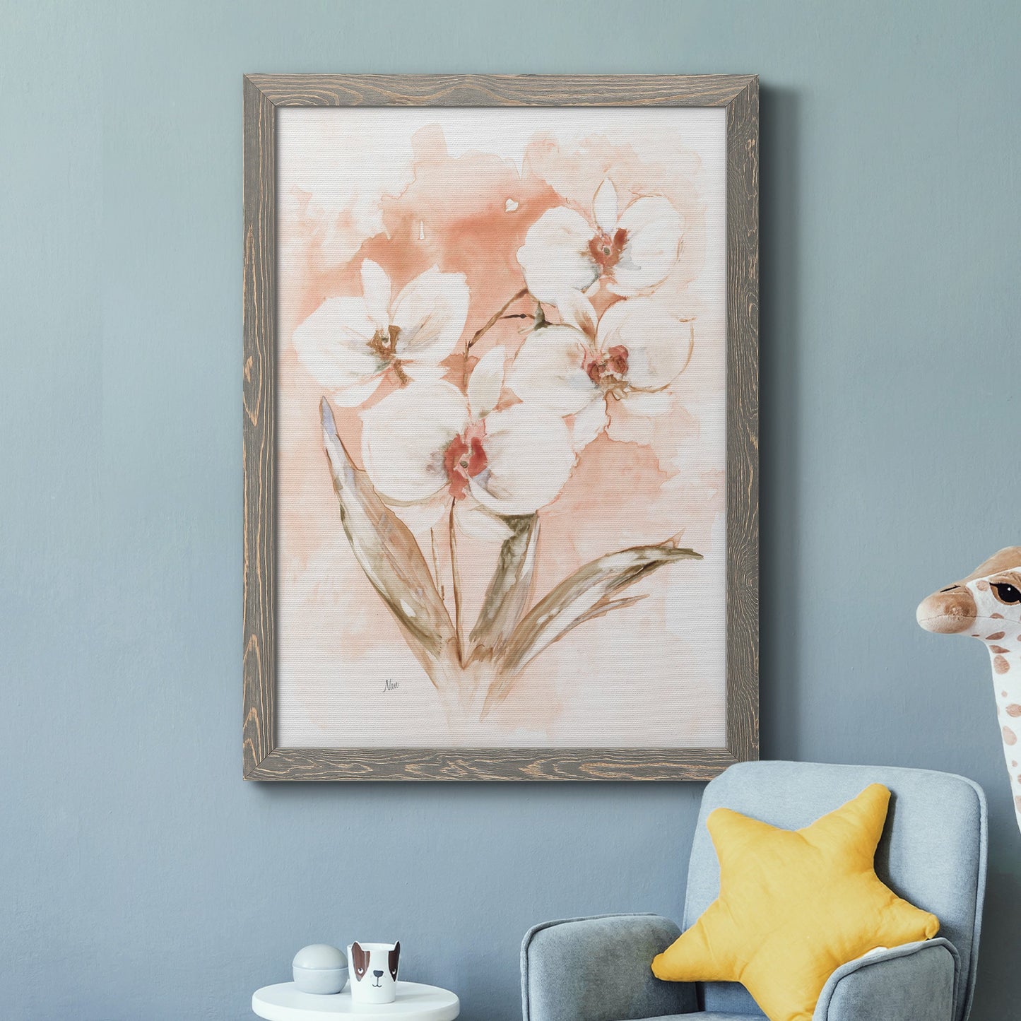 White and Coral Orchid I - Barnwood Framed Canvas Print