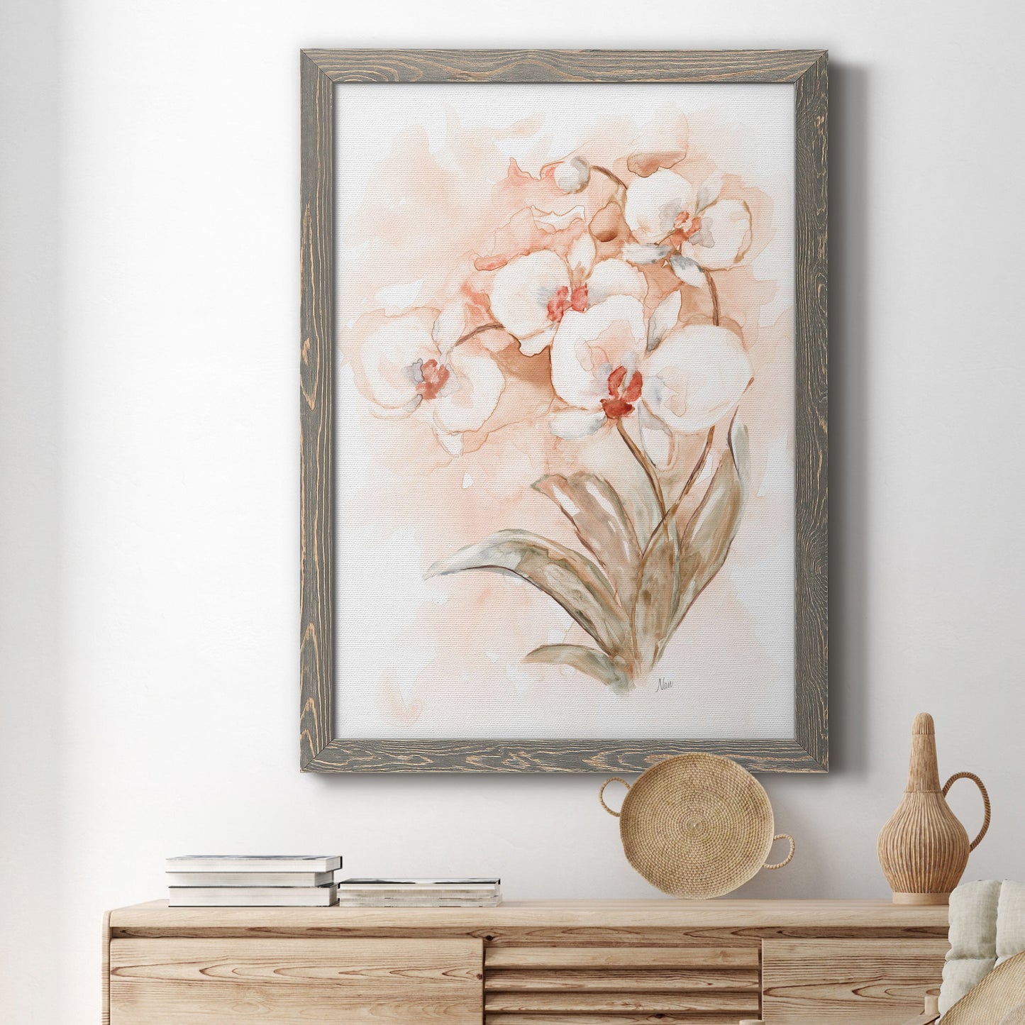 White and Coral Orchid II - Barnwood Framed Canvas Print