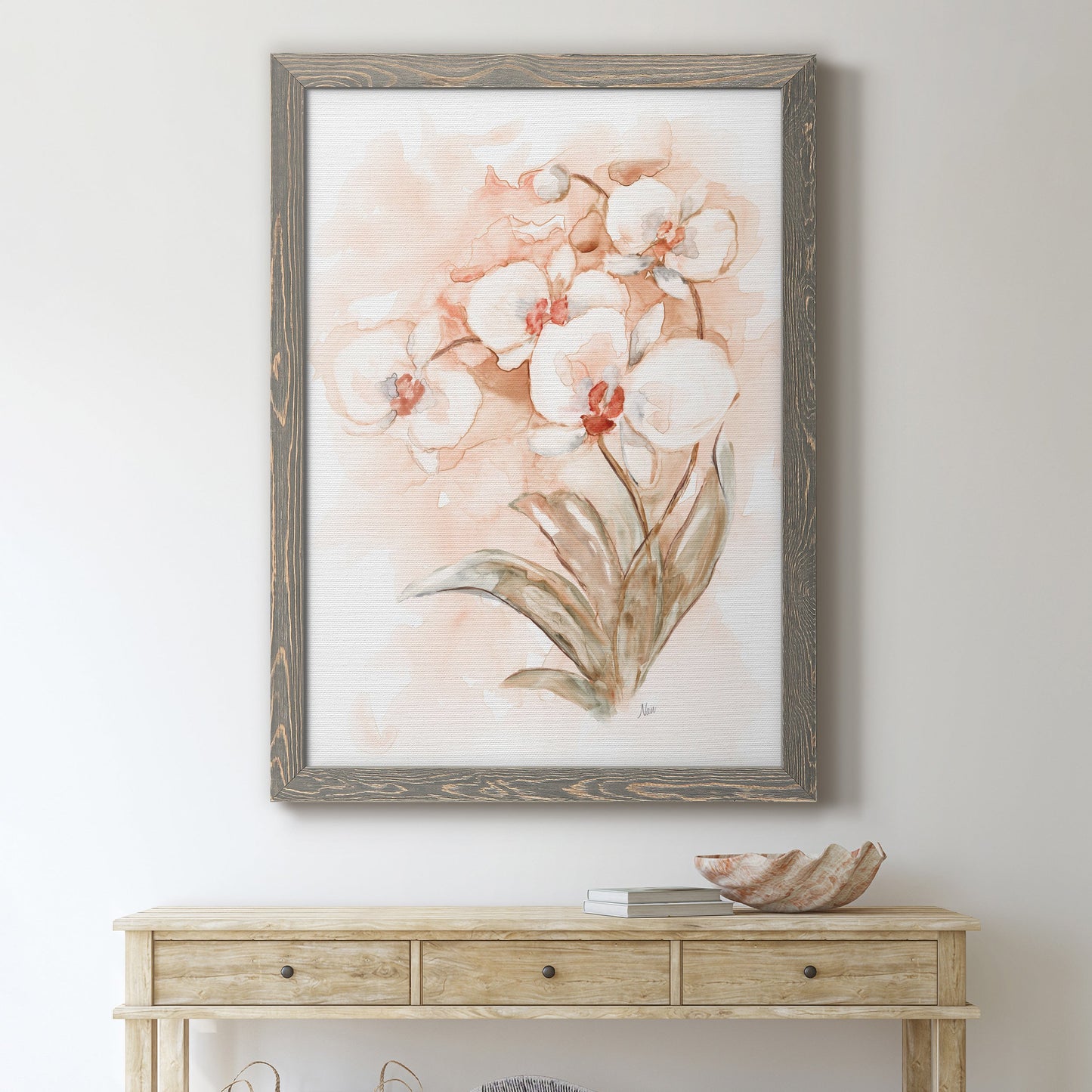 White and Coral Orchid II - Barnwood Framed Canvas Print