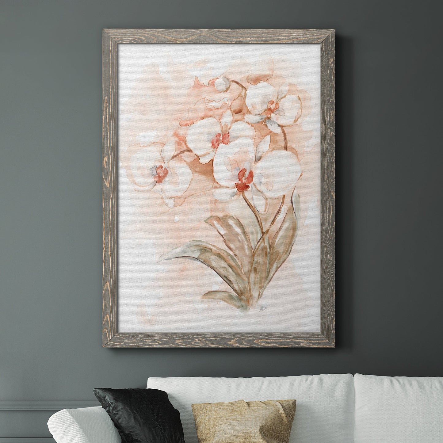 White and Coral Orchid II - Barnwood Framed Canvas Print