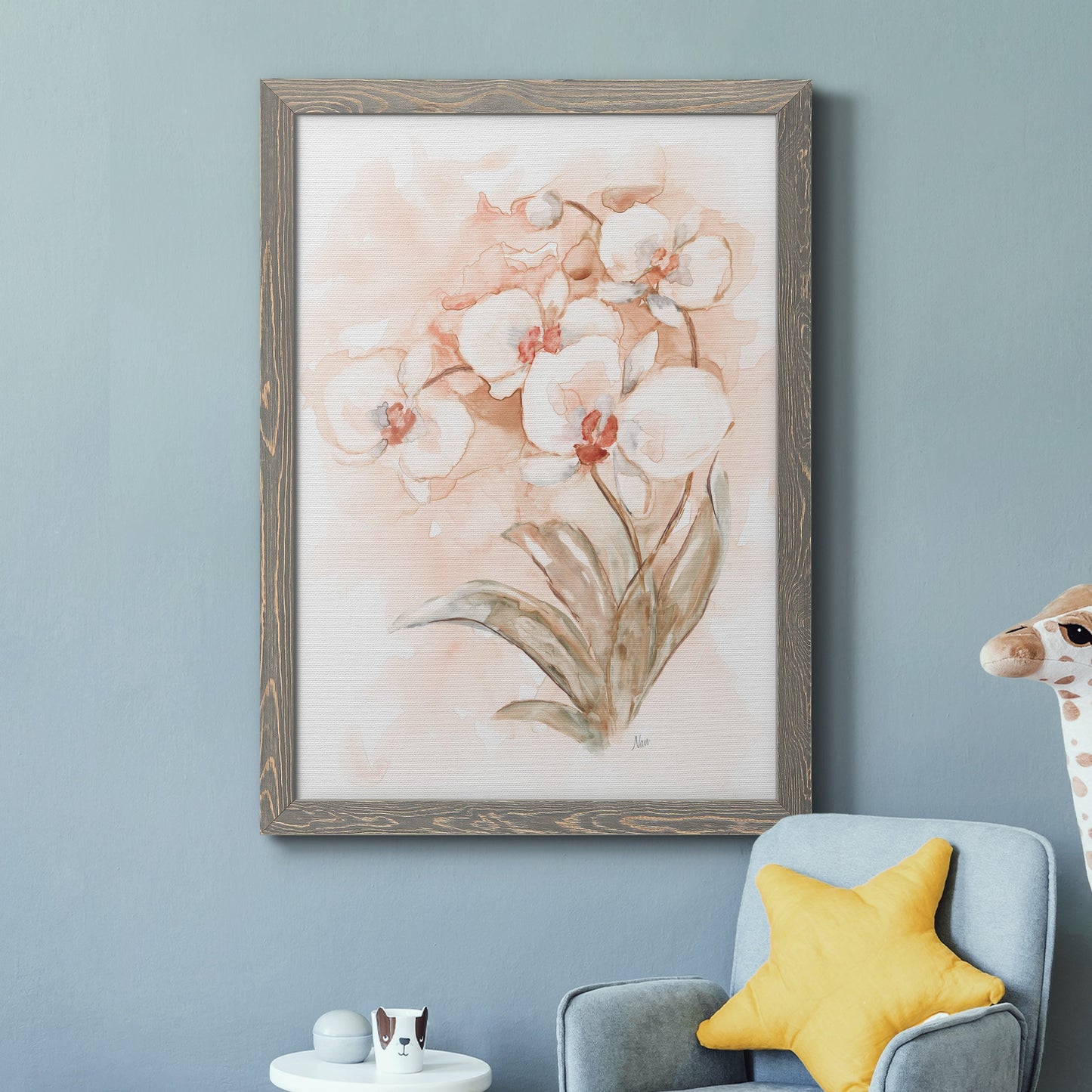 White and Coral Orchid II - Barnwood Framed Canvas Print