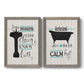 Set of two gray barnwood framed canvas prints featuring two graphic bathroom word art featuring playful bathtub silhouettes and bath-themed typography.