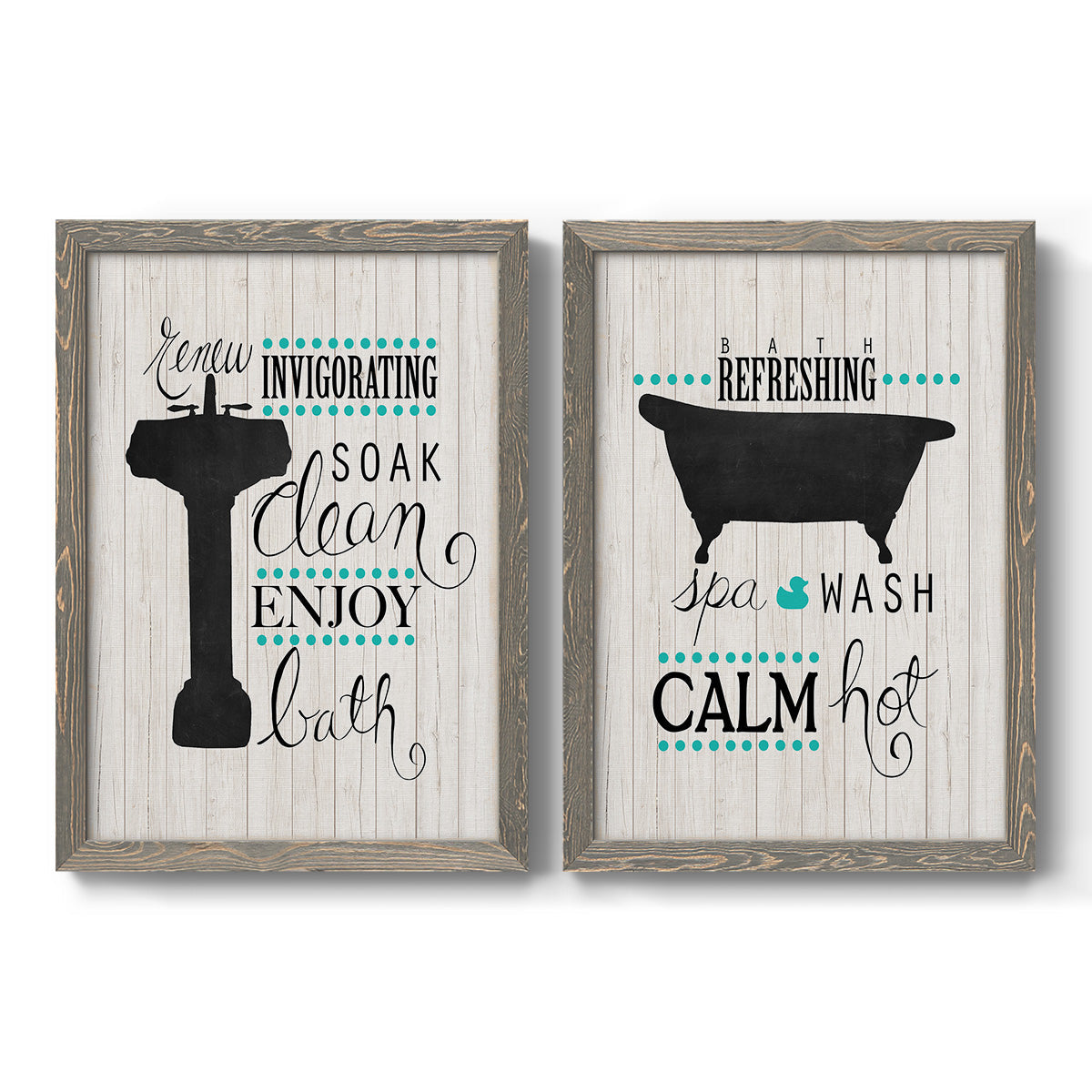 Set of two gray barnwood framed canvas prints featuring two graphic bathroom word art featuring playful bathtub silhouettes and bath-themed typography.
