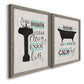 Angled view of a set of two gray barnwood framed canvas prints featuring two graphic bathroom word art featuring playful bathtub silhouettes and bath-themed typography.