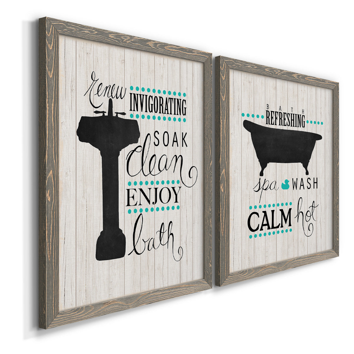 Angled view of a set of two gray barnwood framed canvas prints featuring two graphic bathroom word art featuring playful bathtub silhouettes and bath-themed typography.
