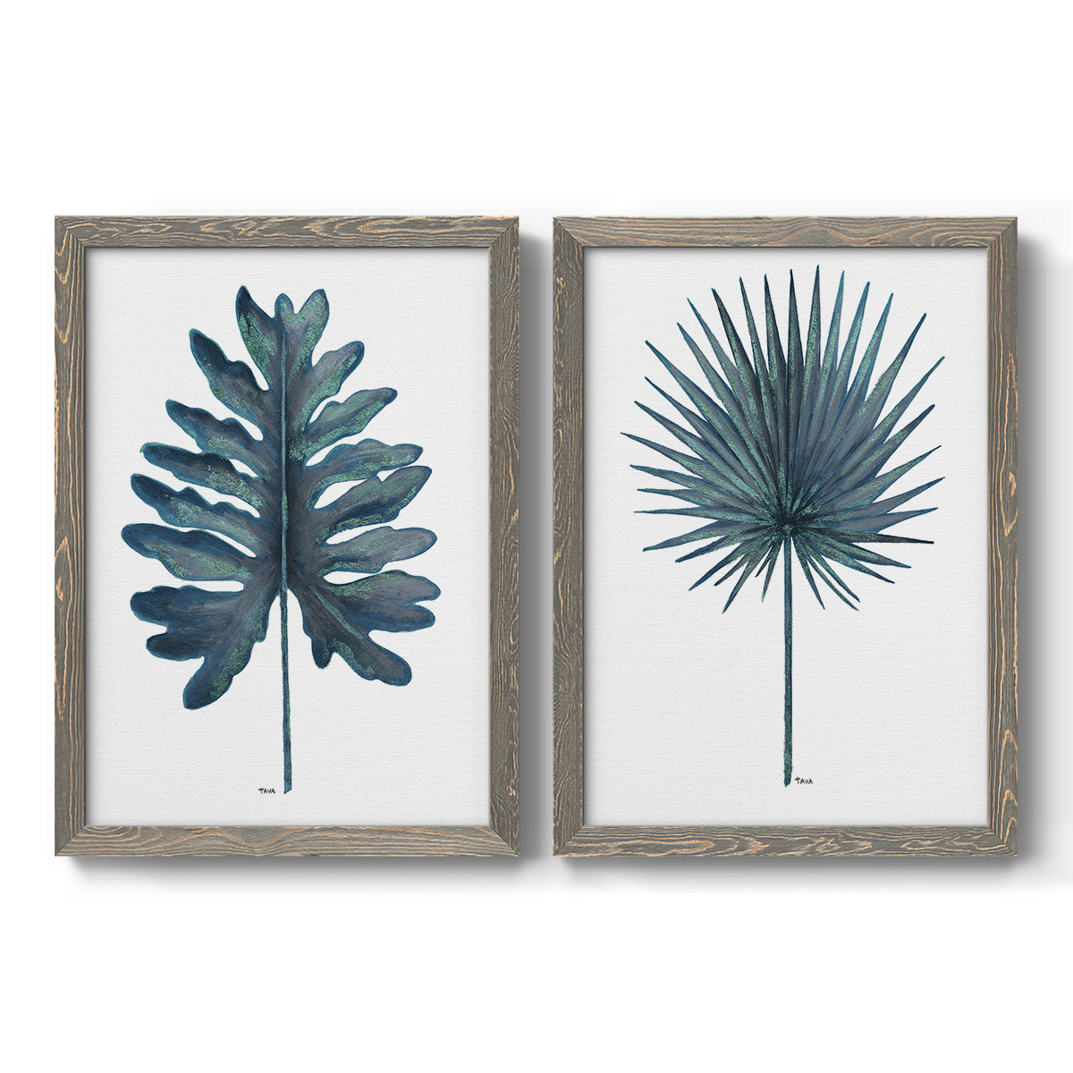 Set of two gray barnwood framed canvas prints featuring two modern botanical illustrations featuring large blue-green tropical leaves.
