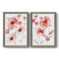 Set of two gray barnwood framed canvas prints featuring two airy contemporary watercolor florals featuring loose coral pink blossoms on slender gray stems.