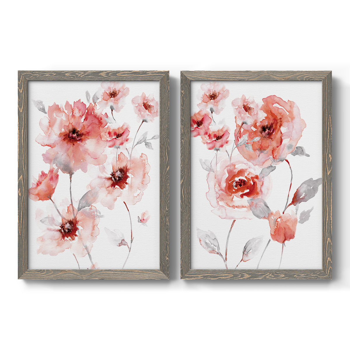Set of two gray barnwood framed canvas prints featuring two airy contemporary watercolor florals featuring loose coral pink blossoms on slender gray stems.