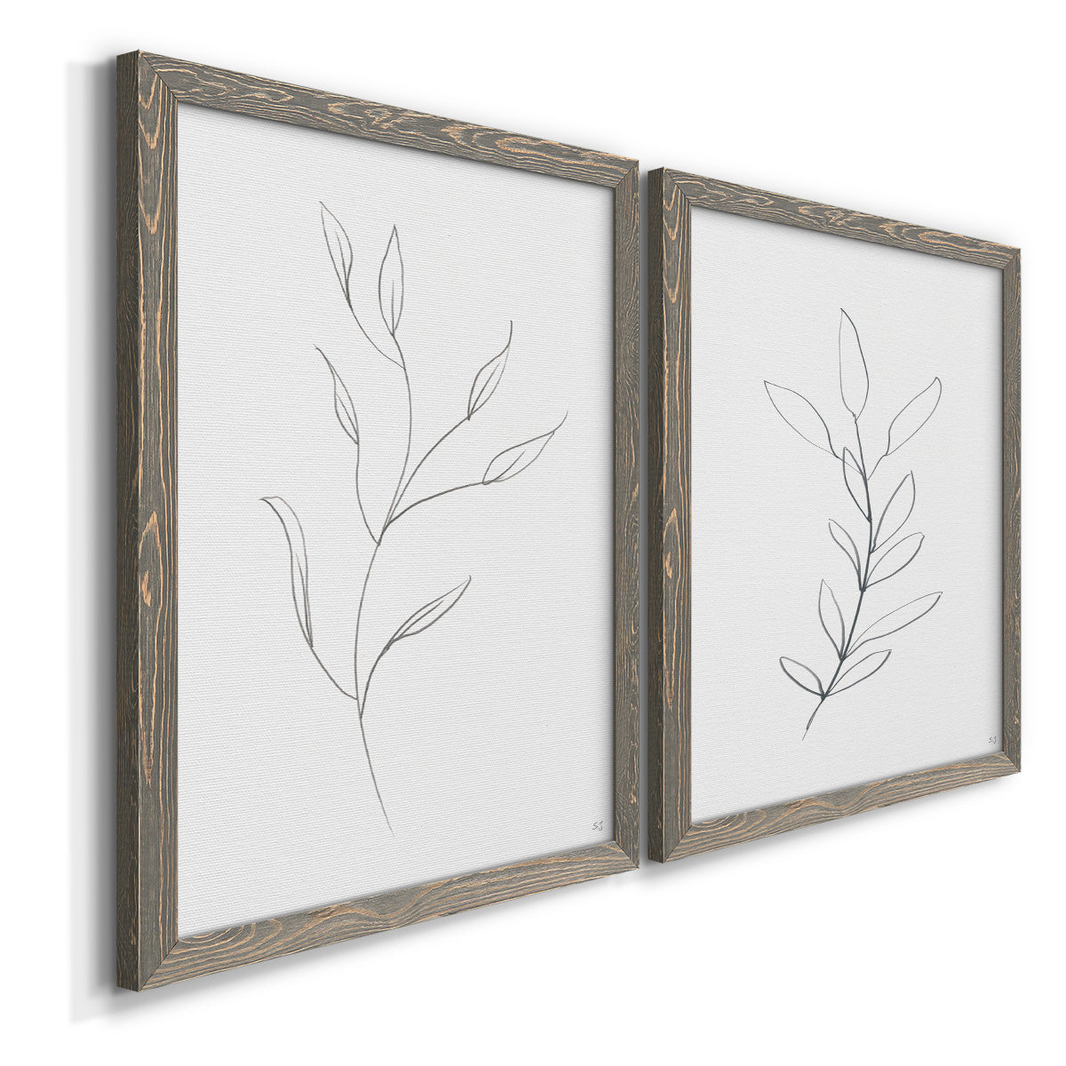 Angled view of a set of two gray barnwood framed canvas prints featuring two minimalist botanical line drawings featuring single continuous-line leafy branches.