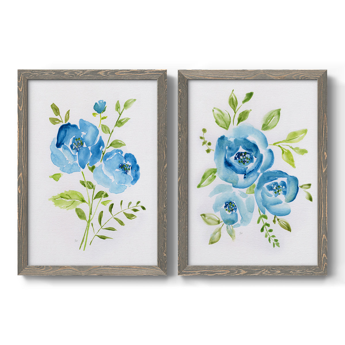 Set of two gray barnwood framed canvas prints featuring two contemporary botanical paintings featuring blue watercolor flowers with fresh green leaves.