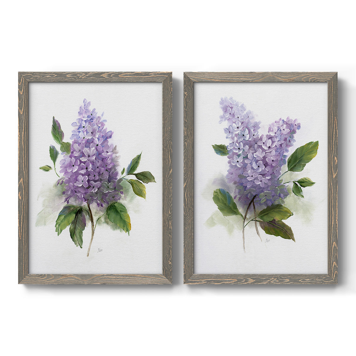 Set of two gray barnwood framed canvas prints featuring two romantic traditional floral paintings featuring full purple lilac clusters with green leaves.