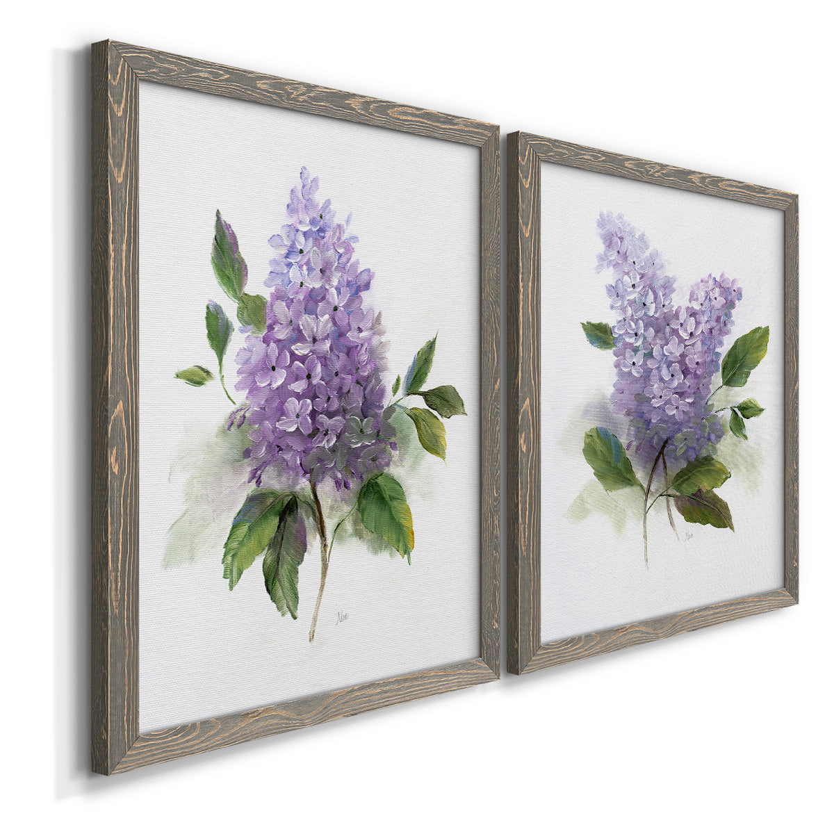 Angled view of a set of two gray barnwood framed canvas prints featuring two romantic traditional floral paintings featuring full purple lilac clusters with green leaves.