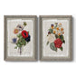 Set of two gray barnwood framed canvas prints featuring two traditional botanical collage prints featuring vintage mixed-flower bouquets on distressed paper.