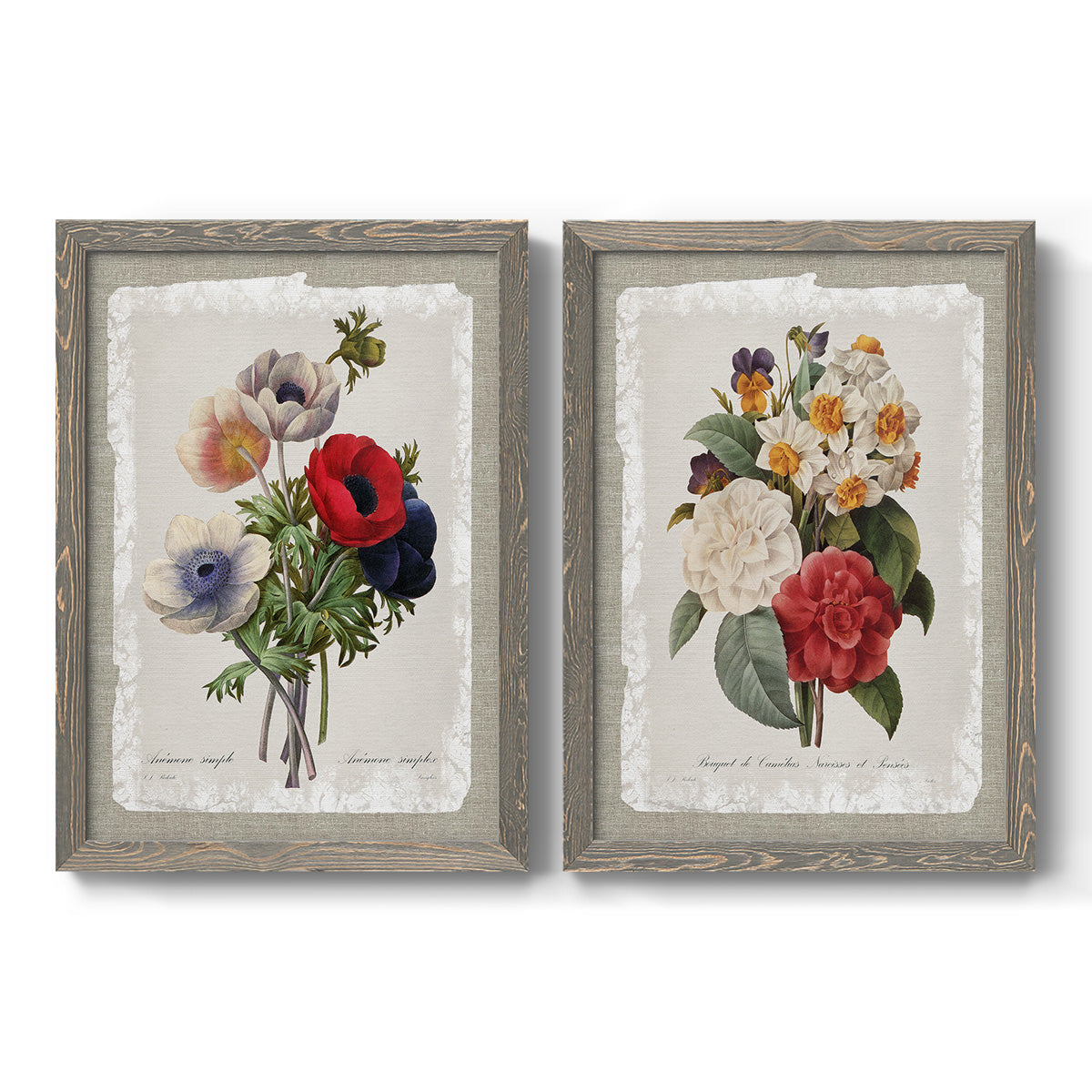 Set of two gray barnwood framed canvas prints featuring two traditional botanical collage prints featuring vintage mixed-flower bouquets on distressed paper.