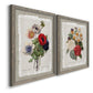 Angled view of a set of two gray barnwood framed canvas prints featuring two traditional botanical collage prints featuring vintage mixed-flower bouquets on distressed paper.