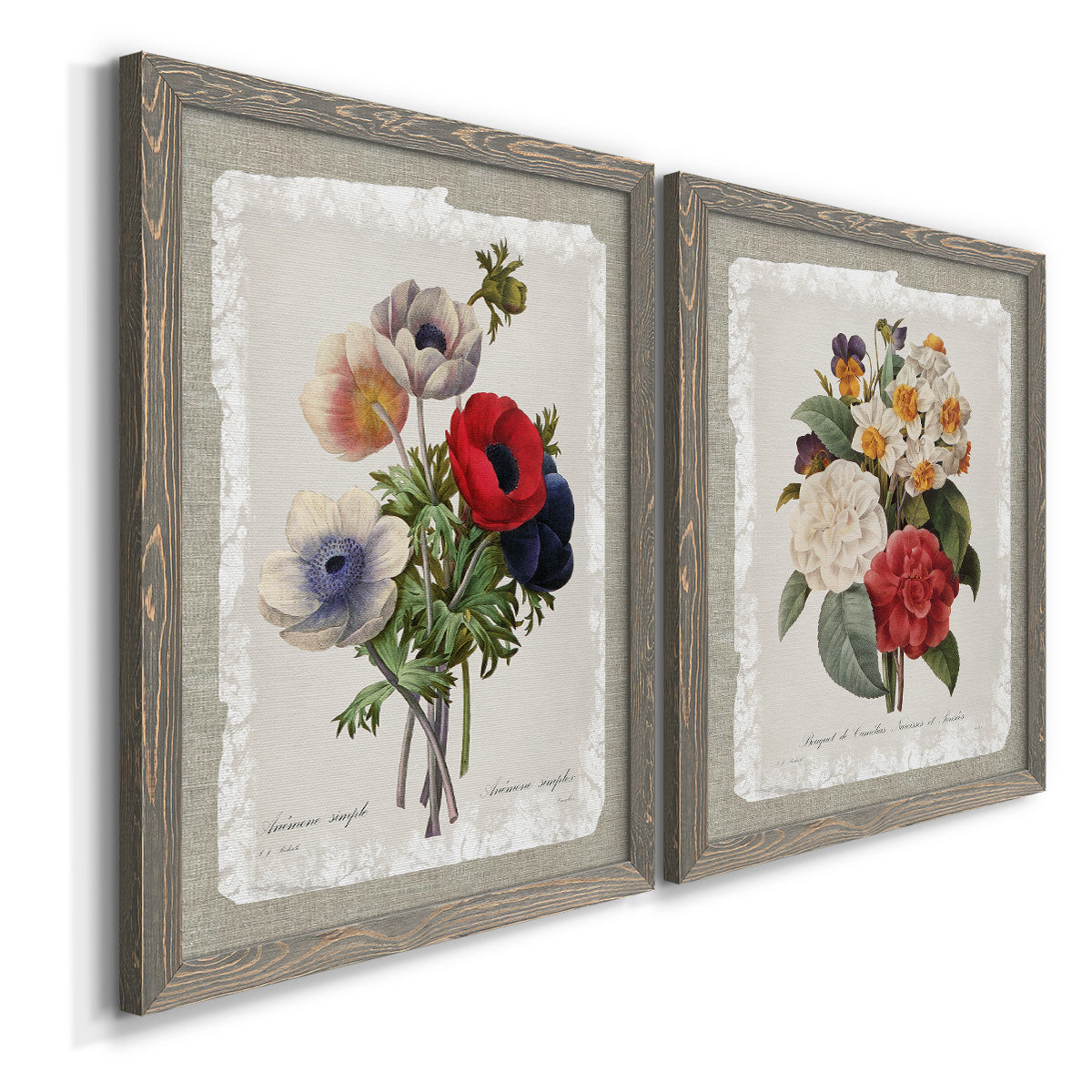 Angled view of a set of two gray barnwood framed canvas prints featuring two traditional botanical collage prints featuring vintage mixed-flower bouquets on distressed paper.