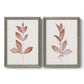 Set of two gray barnwood framed canvas prints featuring two minimalist botanical prints featuring single rust-red leafy stems.