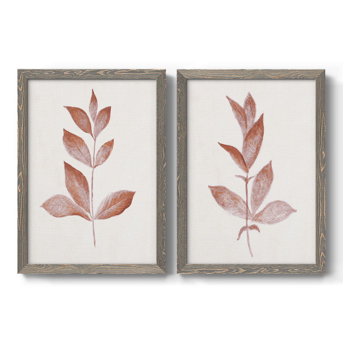 Set of two gray barnwood framed canvas prints featuring two minimalist botanical prints featuring single rust-red leafy stems.