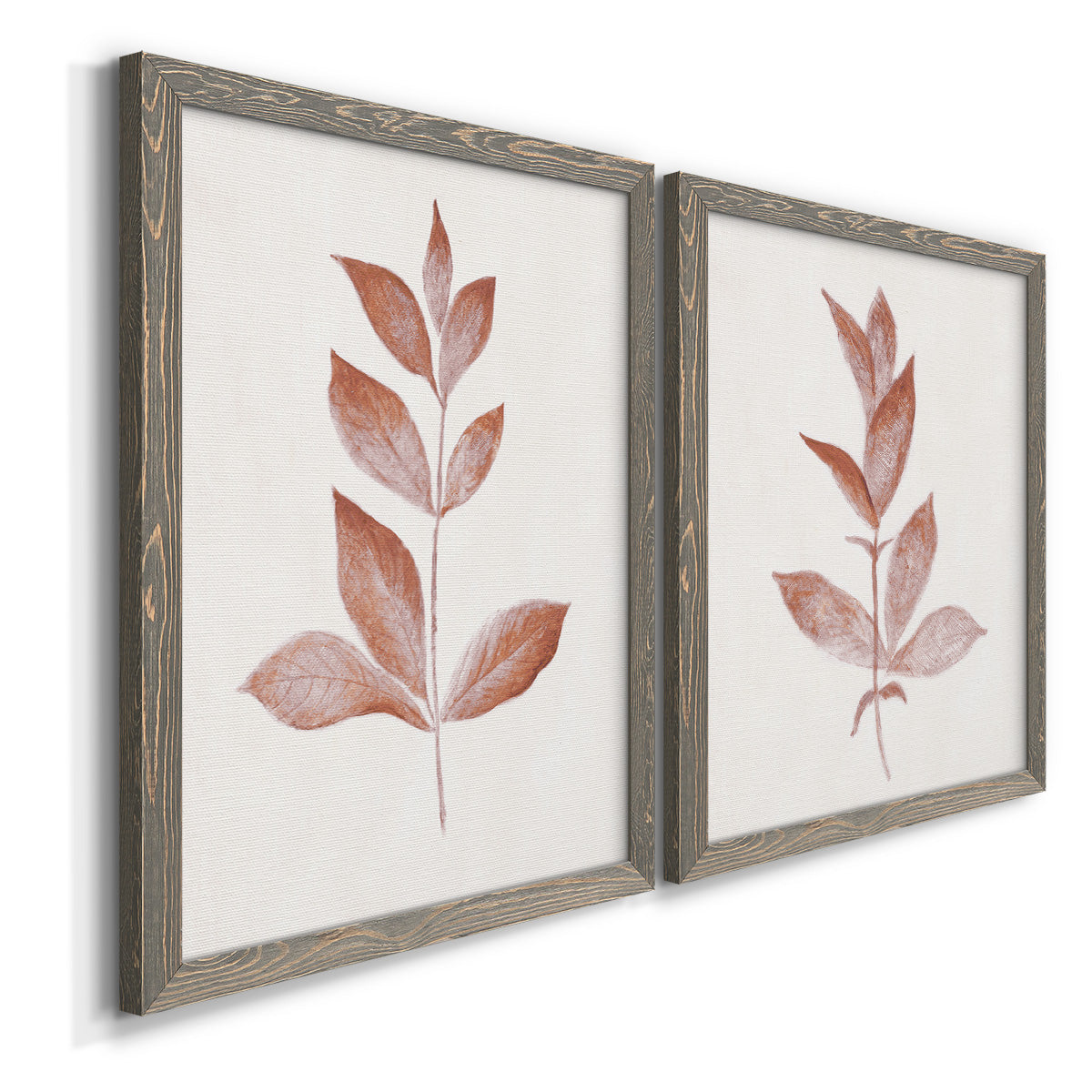 Angled view of a set of two gray barnwood framed canvas prints featuring two minimalist botanical prints featuring single rust-red leafy stems.