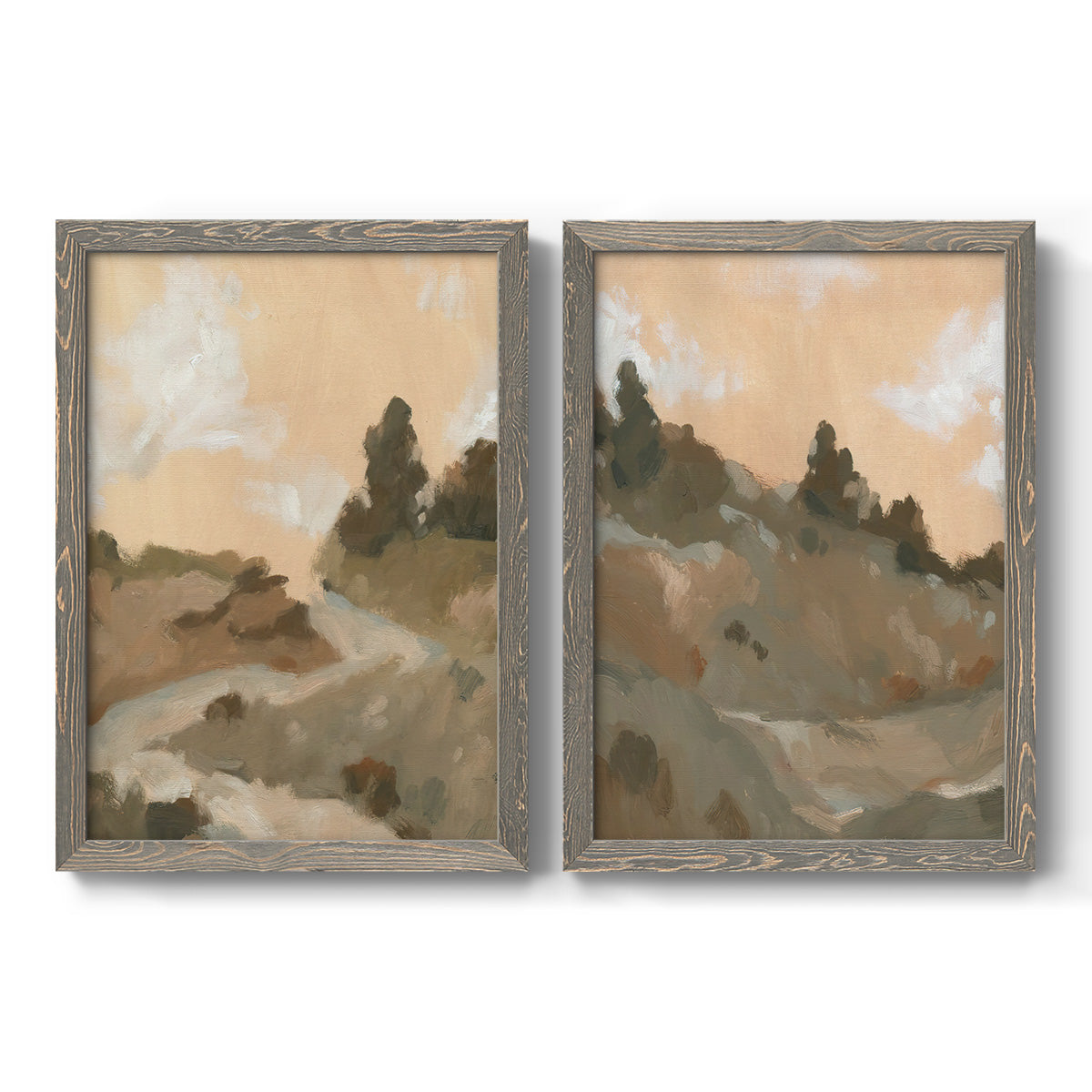 Set of two gray barnwood framed canvas prints featuring two minimalist watercolor landscapes featuring misty brown hills and winding mountain paths.