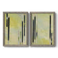 Set of two gray barnwood framed canvas prints featuring two minimalist architectural abstracts featuring vertical black gray and olive bars.