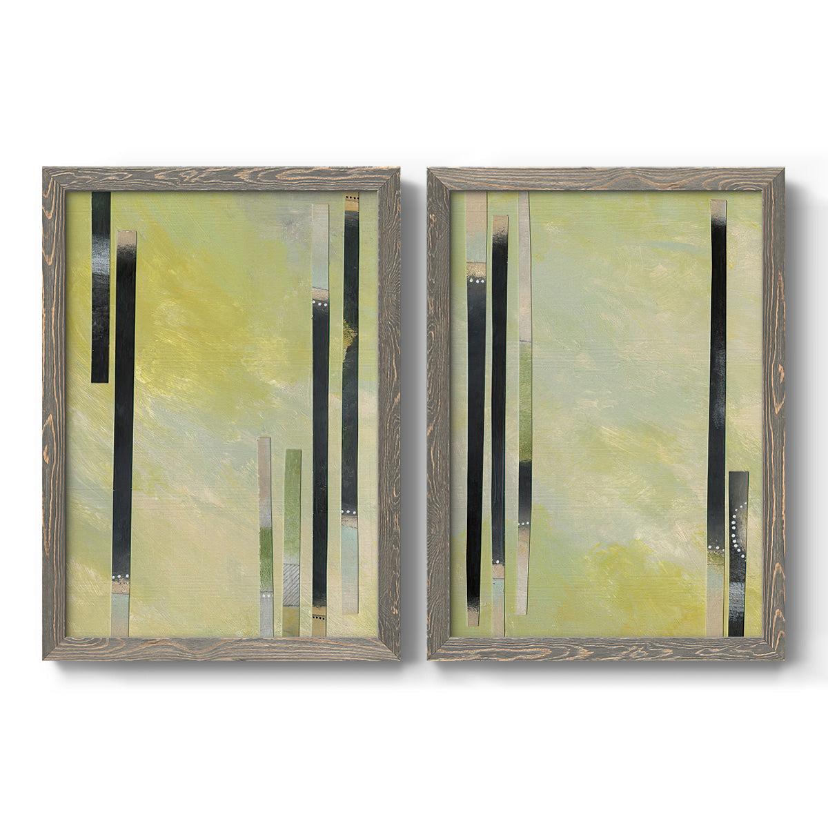 Set of two gray barnwood framed canvas prints featuring two minimalist architectural abstracts featuring vertical black gray and olive bars.