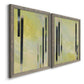 Angled view of a set of two gray barnwood framed canvas prints featuring two minimalist architectural abstracts featuring vertical black gray and olive bars.